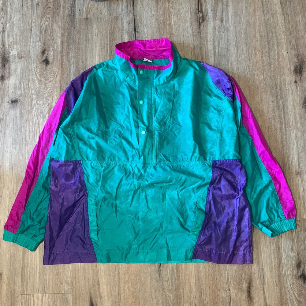 Vintage 80s Pro Spirit nylon colorblock parachute jacket - teal purple pink